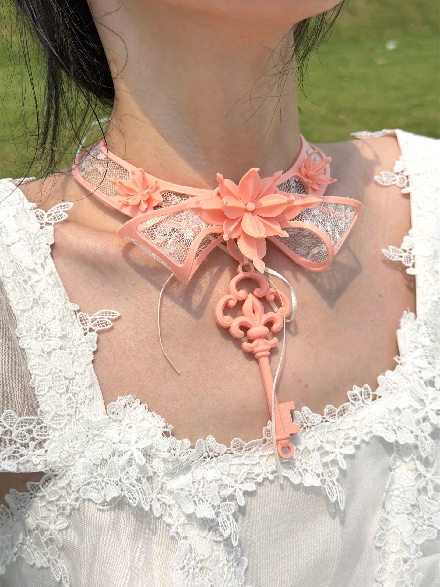 Pink Lace Key Choker with 3D printed flower and skeleton key — worn with lace dress