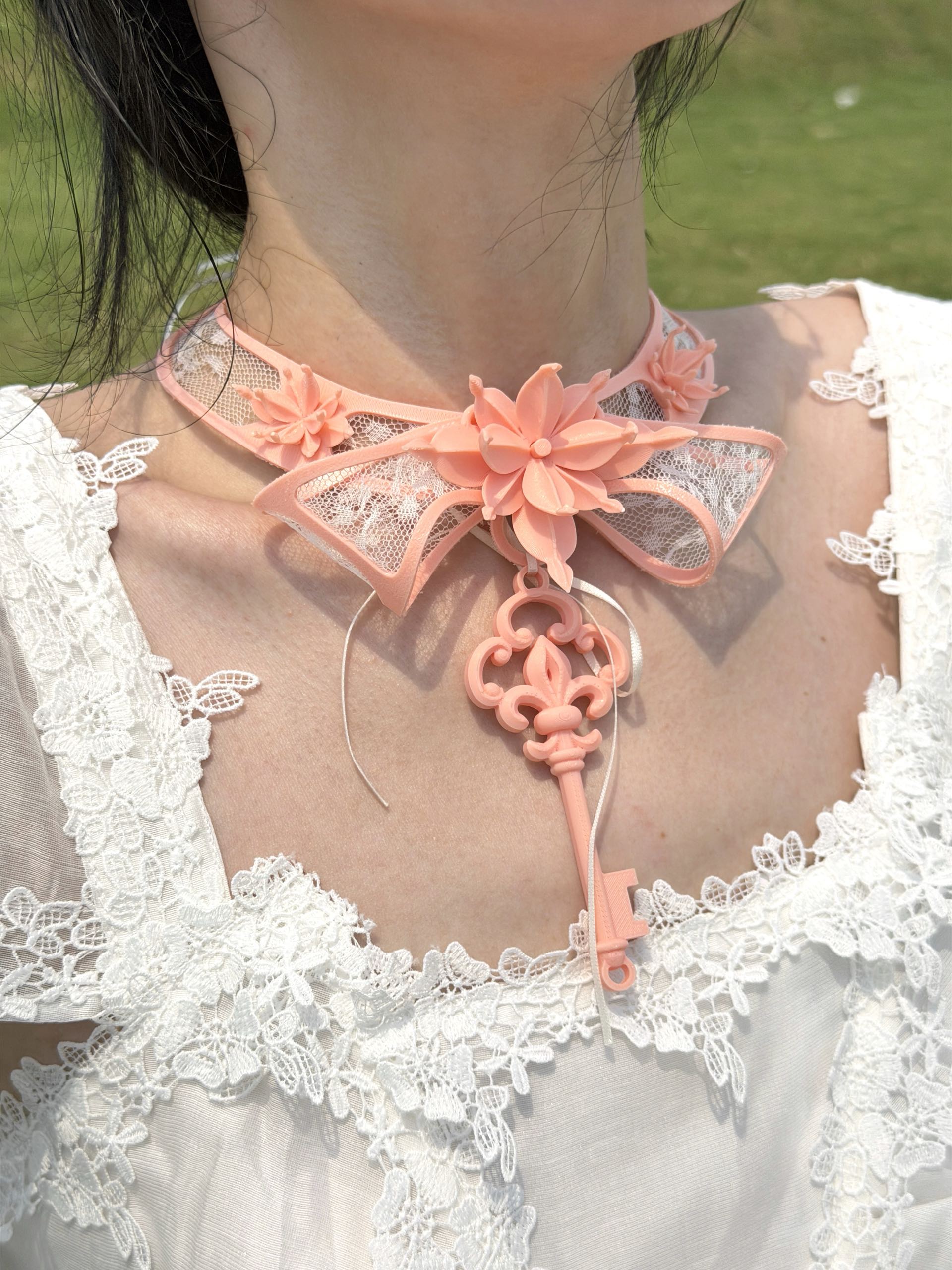 Pink Lace Key Choker with 3D printed flower and skeleton key — worn with lace dress