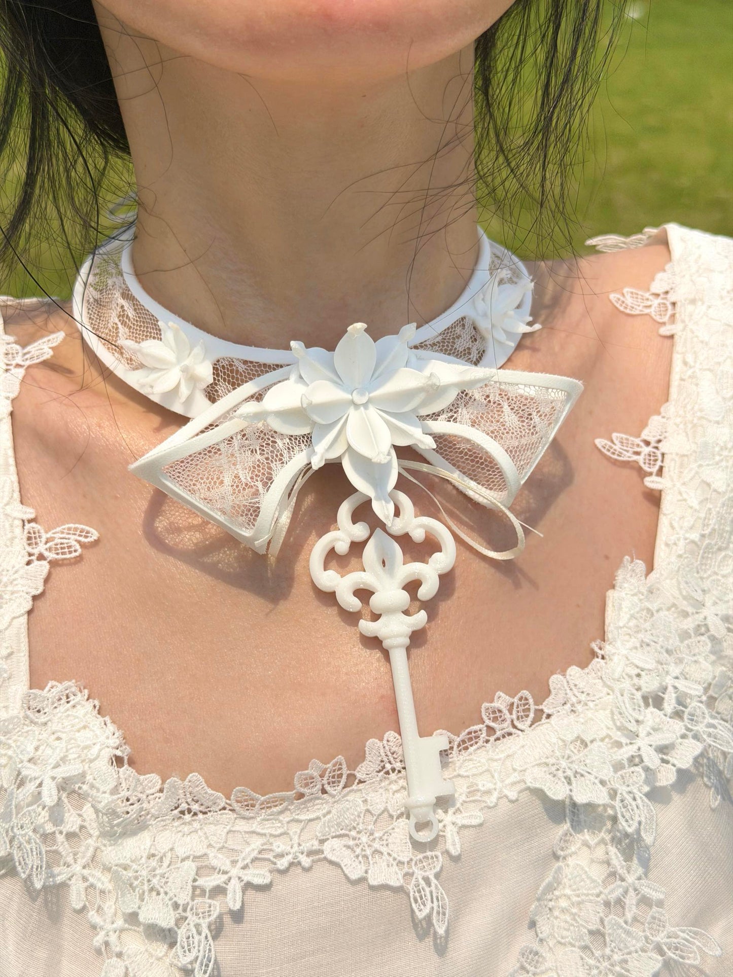 Lace Key Choker in white — 3D printed bloom and ornate key pendant detail