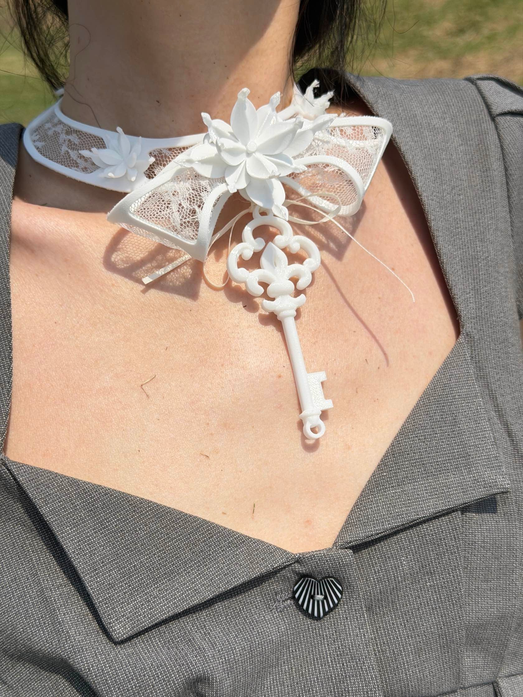 White lace key choker styled with a grey blazer — day-to-night look