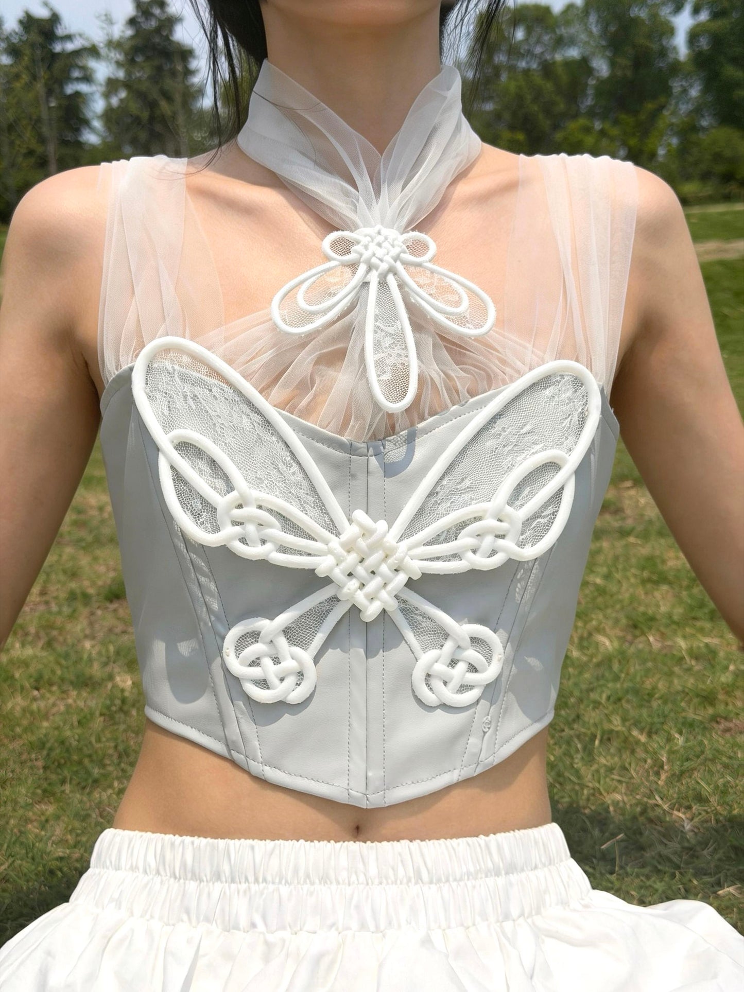 Silver Butterfly Knot Corset with white 3D printed knots — silver PU leather bodice