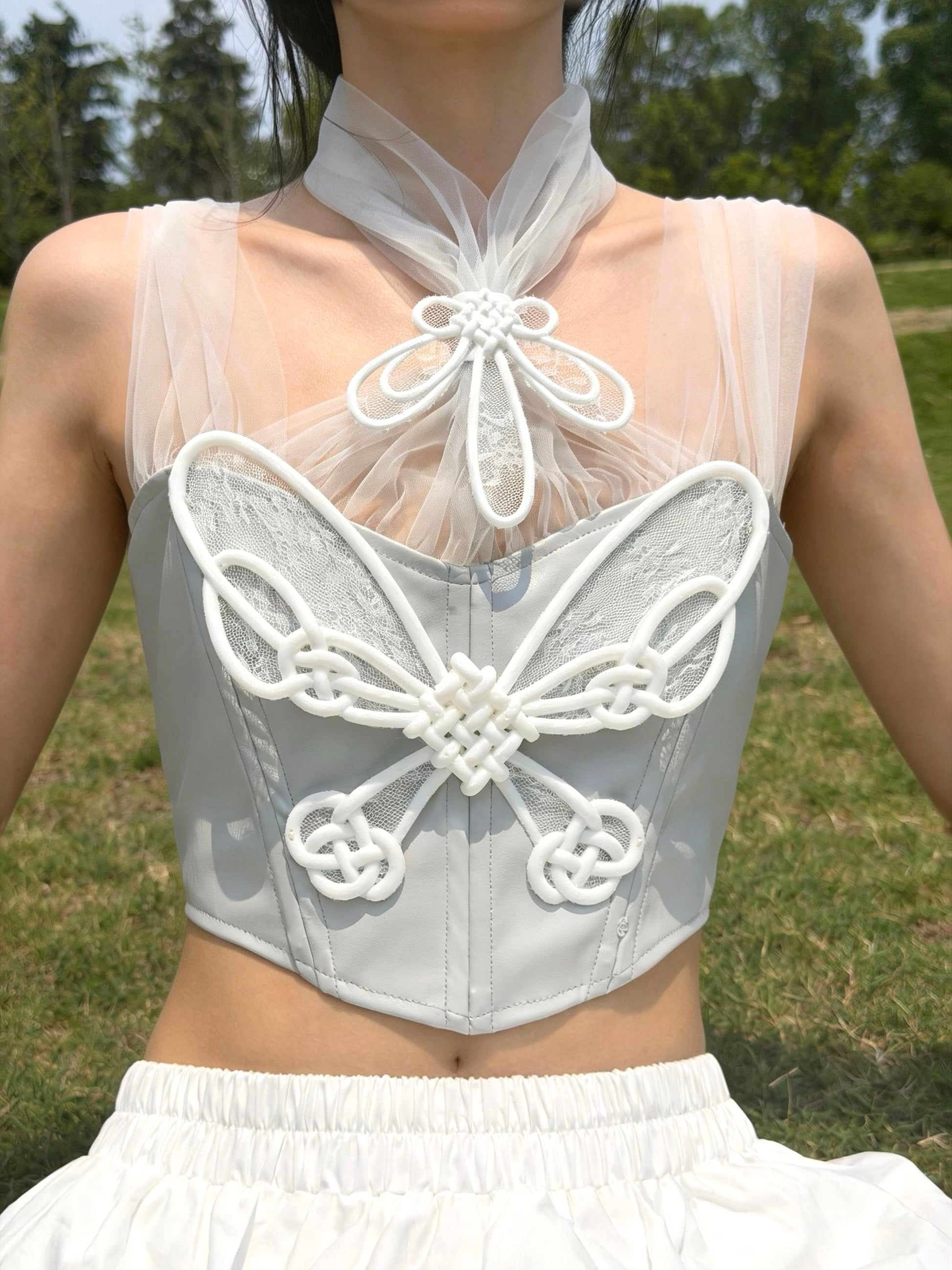Silver Butterfly Knot Corset with white 3D printed knots — silver PU leather bodice